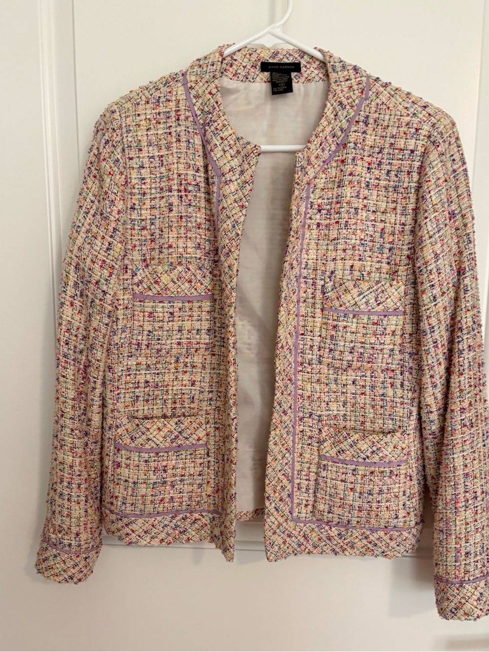 Anne Carson Cream Multi Tweed Collarless Blazer